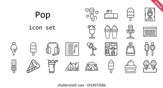 pop icon set. line icon style. pop related icons such as tent, tissue box, recorder, ice cream, playlist, headphones, lollipop, cream, cassette, microphone, popsicle