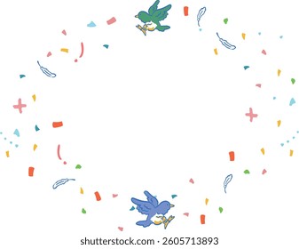 A pop illustration frame of little birds and confetti.