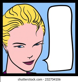 Pop Illustration of a Happy Girl. Vintage blond woman and thought bubble.