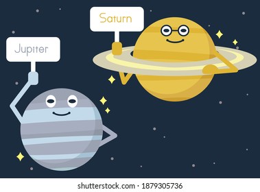 Pop illustration of Jupiter and Saturn on planets in the solar system