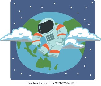  Pop illustration of a person in a spacesuit and space and earth