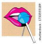 Pop illustration of red lips of woman trying a lollipop isolated on white
