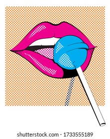 Pop illustration of red lips of woman trying a lollipop isolated on white
