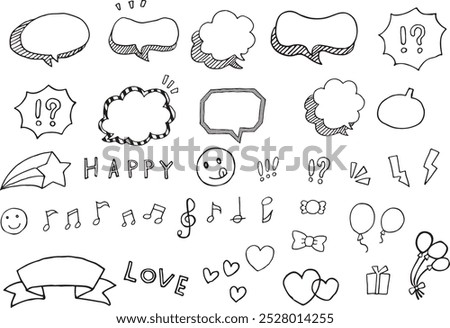 Pop illustrations of various speech bubbles and musical notes drawn with a pen. (black and white)