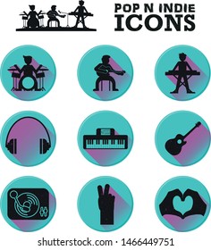 Pop and Indie music icon set: Drummer, guitar player, keyboard player, head phones, keyboard, acoustic guitar, record player, hand piece sign, hand heart sign.