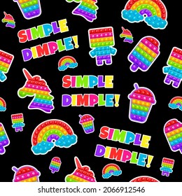 Pop it, Simple Dimple. Pattern with toys on a black background.