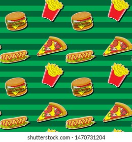 pop junk food seamless pattern hamburger hot dog pizza French fries on green striped background. For printing paper, textile wrappers packaging. Vector image. eps 10