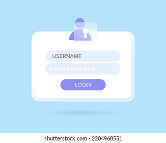 Aparecerá una página de inicio de sesión en un moderno estilo 3D y morfismo de vidrio. Página Notificaciones con campos para introducir nombre de usuario y contraseña. Ilustración vectorial