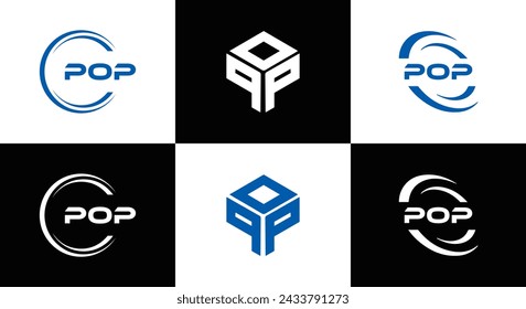 POP logo. P O P design. White POP letter. POP, P O P letter logo design. Initial letter POP linked circle uppercase monogram logo.