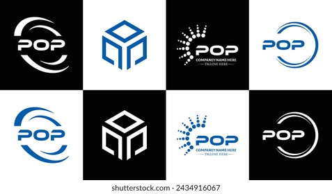 POP logo. P O P design. White POP letter. POP, P O P letter logo design. Initial letter POP linked circle uppercase monogram logo.