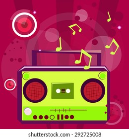 Pop music background with musical note and retro casette player.