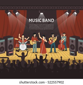 Pop music band flat vector illustration with musicians on stage and silhouettes of young audience coming to concert 