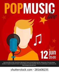 Pop Music Concert Promo Poster With Singer And Microphone Flat Vector Illustration