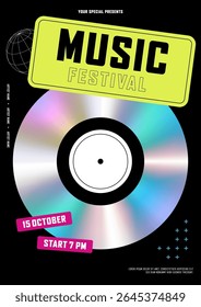 Pop music festival poster design template. Holographic vinyl record modern vintage retro style. Design element for print, brochure, leaflet, vector illustration