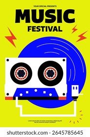 Pop music festival poster design template background. Neon vinyl record and cassette tape modern retro style. Design element for print, brochure, leaflet, advertisement, vector illustration