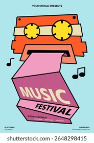 Plano de fundo do projeto do modelo do poster do festival de música pop. Estilo mínimo de desenho animado de fita cassete. Pode ser usado para folheto, folheto, impressão, banner, anúncio, ilustração vetorial