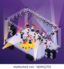 Pop Music Girls Band  Performing On Street Stage Outdoor Isometric Background Vector Illustration