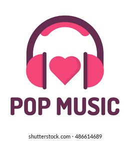 Pop music, headphones, heart. Flat vector icon, logo, logotype, symbol, mark design illustration on white background. Can be used for music, theme, project.