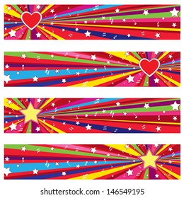 Pop music party banner set. Fun background with copy space. Winner music competition greeting card. Party holiday header wallpaper