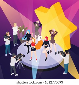 Pop music show isometric poster with reporters videotaping performance of dance group vector illustration