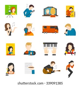 Pop music singer and concert flat icons set isolated vector illustration