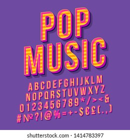 Pop Music Vintage 3d Vector Lettering. Retro Bold Font, Typeface. Pop Art Stylized Text. Old School Style Letters, Numbers, Symbols, Elements Pack. 90s, 80s Poster, Banner. Purple Color Background