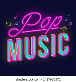 Pop music vintage 3d vector lettering. Retro bold font, typeface. Pop art stylized text. Old school style neon light letters. 90s, 80s poster, banner. Dark violet color background