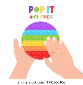Pop it new popular childrens silicone colorful toy. Hands play with sensory fidget antistress toy. Pop bubble silicone toy. Fun simple dimple game rainbow vector illustration.