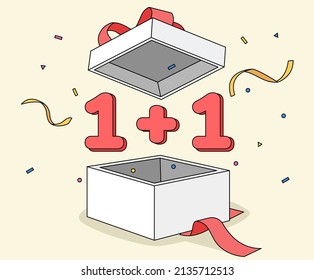 pop out of the box for a 1+1 coupon event illustration set. discount, ribbon, event, present. Vector drawing. Hand drawn style.