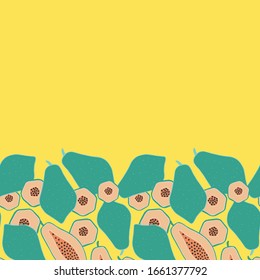 Pop papaya repeat seamless horizontal border. Yellow background. Image for printing on paper, wallpaper, covers, fabrics.