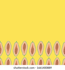 La papaya pop repite un borde horizontal sin fisuras. Fondo amarillo. Imagen para imprimir en papel, papel pintado, cubiertas, tejidos.