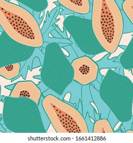 Pop papaya repeat seamless pattern. Yellow background. Image for printing on paper, wallpaper, covers, fabrics.