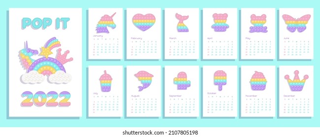 Pop it pastel calendar 2022 with fidget toys figures. Vector illustration in popit style as fashionable silicone toy for fidgets. Printable wall vertical calendar with kids illustrations.