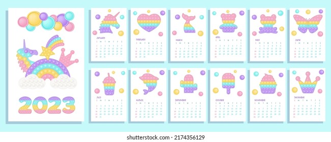 Pop it pastel calendar 2023 with fidget toys figures. Vector illustration in popit style as fashionable silicone toy for fidgets. Printable wall vertical calendar with kids illustrations.