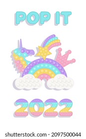 Pop it pastel cover for calendar 2022 with fidget toys figures. Vector illustration in popit style as fashionable silicone toy for fidgets. Printable wall vertical calendar with kids illustrations.