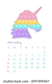 Pop it pastel January for calendar 2022 with fidget toys figures. Vector illustration in popit style as fashionable silicone toy for fidgets. Printable wall vertical calendar. Part of the set.