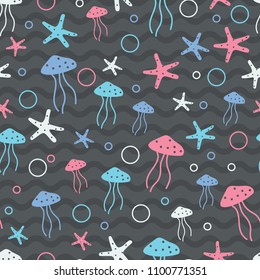 Pop pastel jelly fish, starfish in neutral wavy. A playful, modern, and flexible pattern for brand who has cute and fun style. Repeated pattern. Happy, bright, and nautical mood.