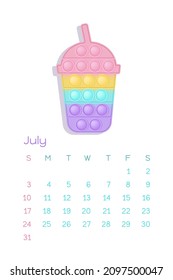 Pop it pastel July for calendar 2022 with fidget toys figures. Vector illustration in popit style as fashionable silicone toy for fidgets. Printable wall vertical calendar. Part of the set.