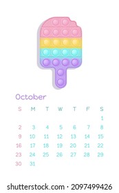 Pop it pastel October for calendar 2022 with fidget toys figures. Vector illustration in popit style as fashionable silicone toy for fidgets. Printable wall vertical calendar. Part of the set.