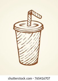 Pop plastic tare of cool ice gas softdrink coctail on white background. Line black ink hand drawn mug logo emblem sketch in art scribble engraving style pen on paper. Close up view with space for text