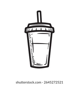 Tara de plástico pop de saboroso coquetel de refrigerante de gás doce de gelo no fundo branco. Linha tinta preta mão desenhada caneca esboço logotipo em arte doodle gravura estilo caneta em papel com espaço para texto no rótulo