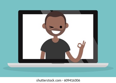 Pop up portrait of smiling winking black man saying "ok" / Flat vector illustration