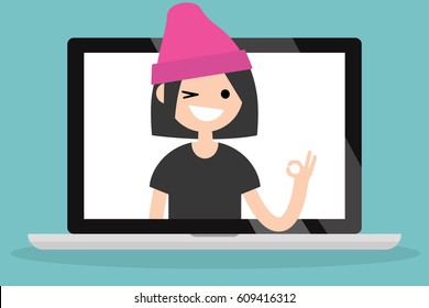 Pop up portrait of smiling winking brunette girl saying "ok" / Flat vector illustration