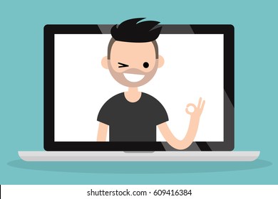 Pop up portrait of smiling winking brunette man saying "ok" / Flat vector illustration