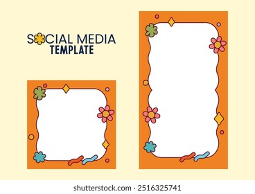 pop retro groovy frame template social media colorful background 
