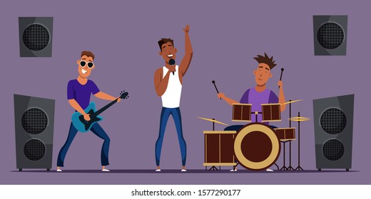 Pop rock band flat vector illustration. Young musicians, performers cartoon characters. Boys groupe performing live on stage. Music show, club party, entertainment. Artists playing instruments