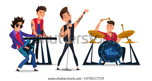 ポップロックバンドのフラットベクターイラスト 若いミュージシャンやパフォーマーのキャラクター 少年たちは 舞台でライブをする 音楽番組 クラブパーティー エンターテイメント 楽器を演奏するアーティスト のベクター画像素材 ロイヤリティフリー