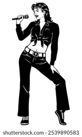 Pop, Rock Cantante Chica en Jeans y Top de Corte. Clipart de Vector blanco y negro aislado en blanco.