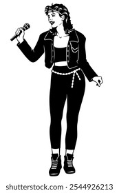 Pop, Cantora de Rock Mulher em Leggings e Jaqueta. Clipart de vetor preto e branco isolado no branco.