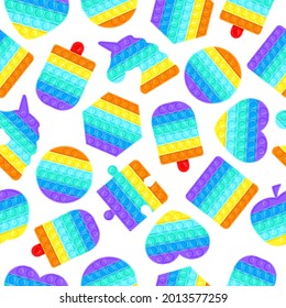 Póngalo en un patrón impecable. Antistress pop it silicone burbuja textura de juguetes, ilustración de vector arcoiris sensorial. Fondo de juguetes antiestrés de silicona. Jugar al juego y relajarse en el popular juguete sensorial